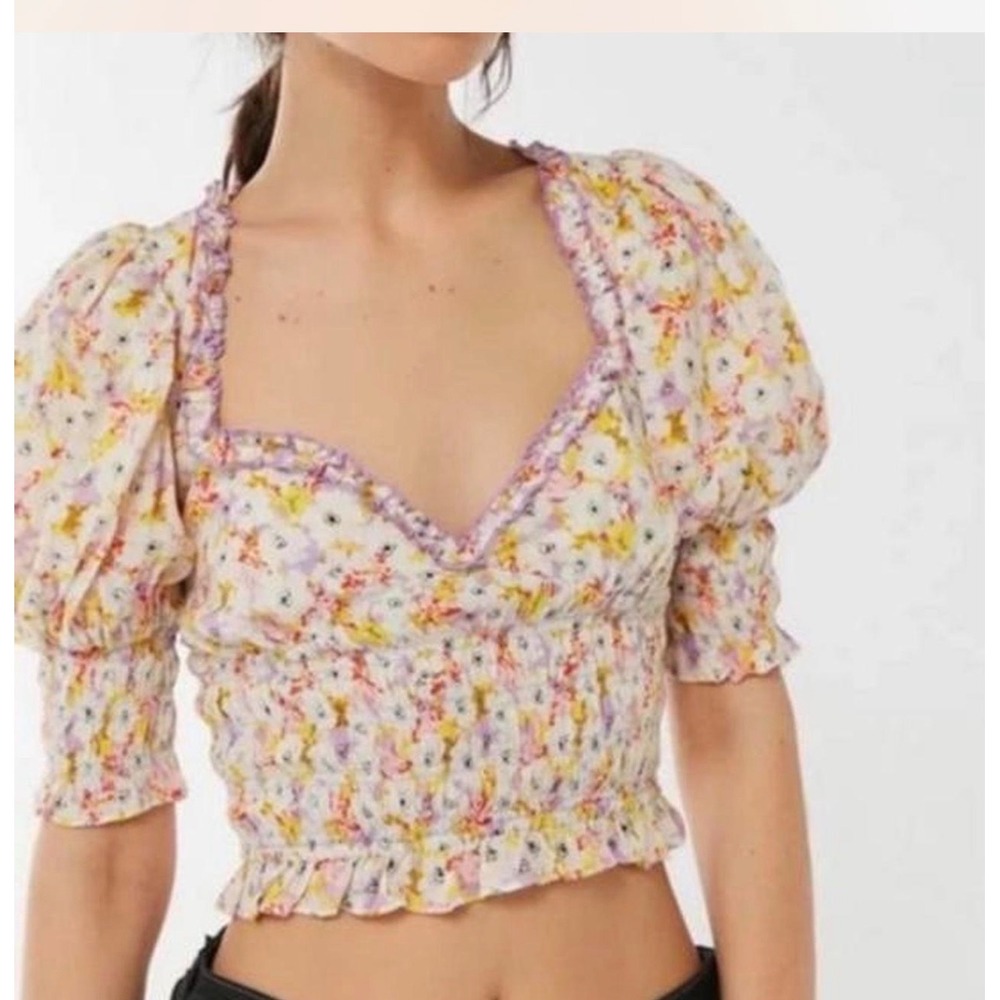 Urban Outfitters Floral Smocked Puff Sleeve Crop Top Open Back Tie Large New